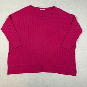 Zenana 1X Waffle Knit Top Pink V Neck 3/4 Sleeve Plus Size Relaxed Boxy